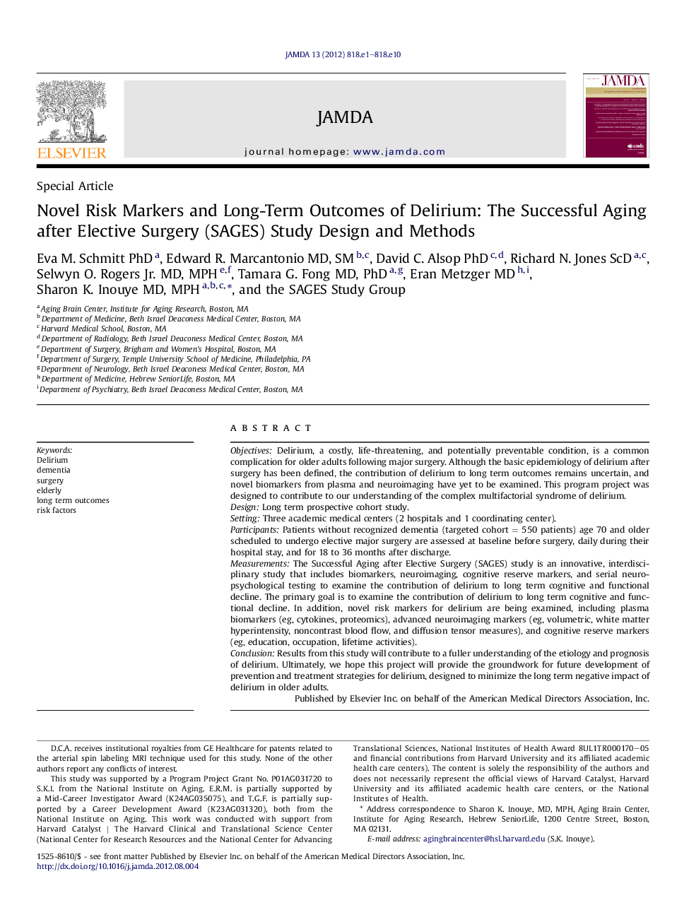 Novel Risk Markers and Long-Term Outcomes of Delirium: The Successful Aging after Elective Surgery (SAGES) Study Design and Methods