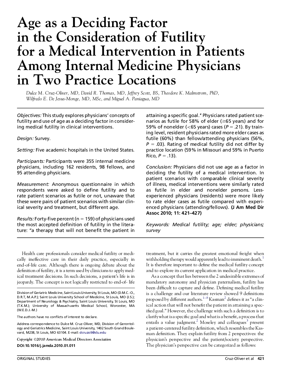 Age as a Deciding Factor in the Consideration of Futility for a Medical Intervention in Patients Among Internal Medicine Physicians in Two Practice Locations