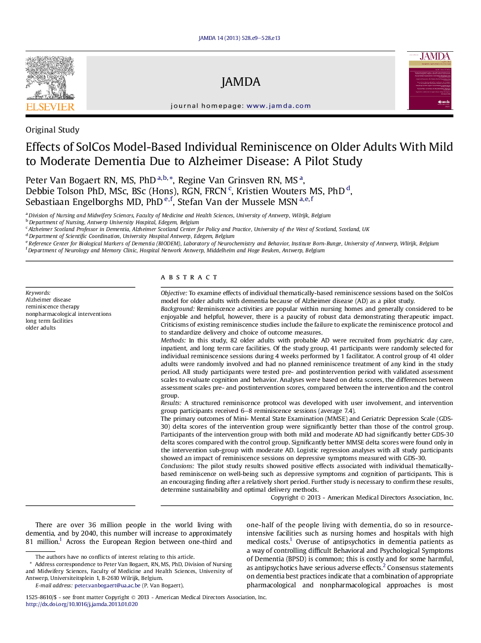 Effects of SolCos Model-Based Individual Reminiscence on Older Adults With Mild to Moderate Dementia Due to Alzheimer Disease: A Pilot Study