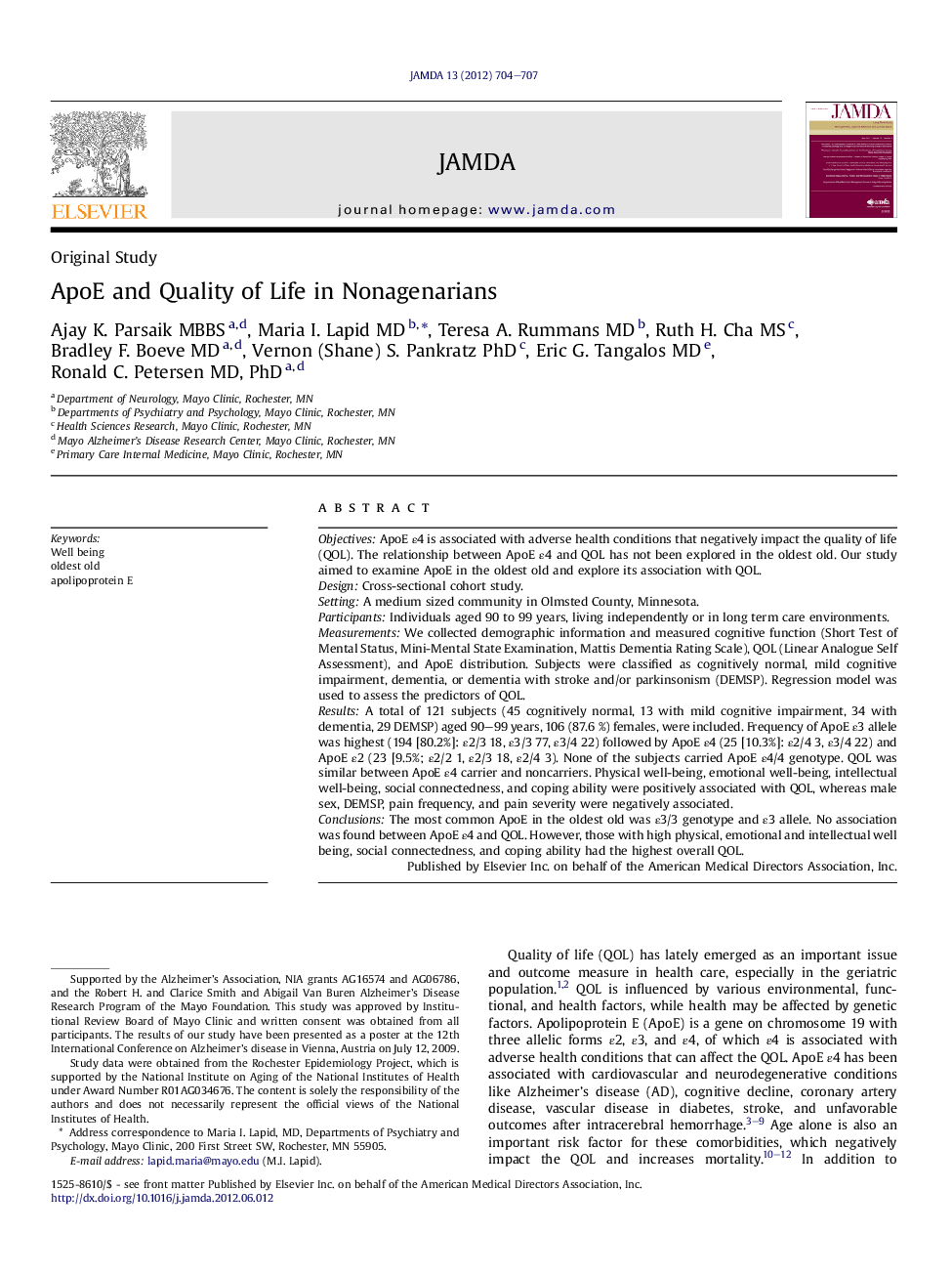 ApoE and Quality of Life in Nonagenarians