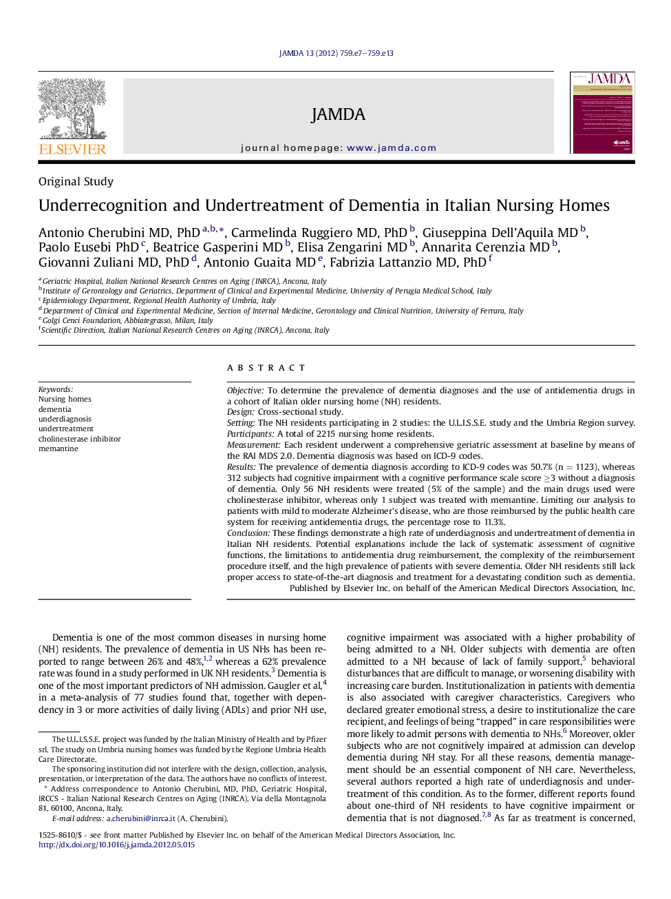 Underrecognition and Undertreatment of Dementia in Italian Nursing Homes