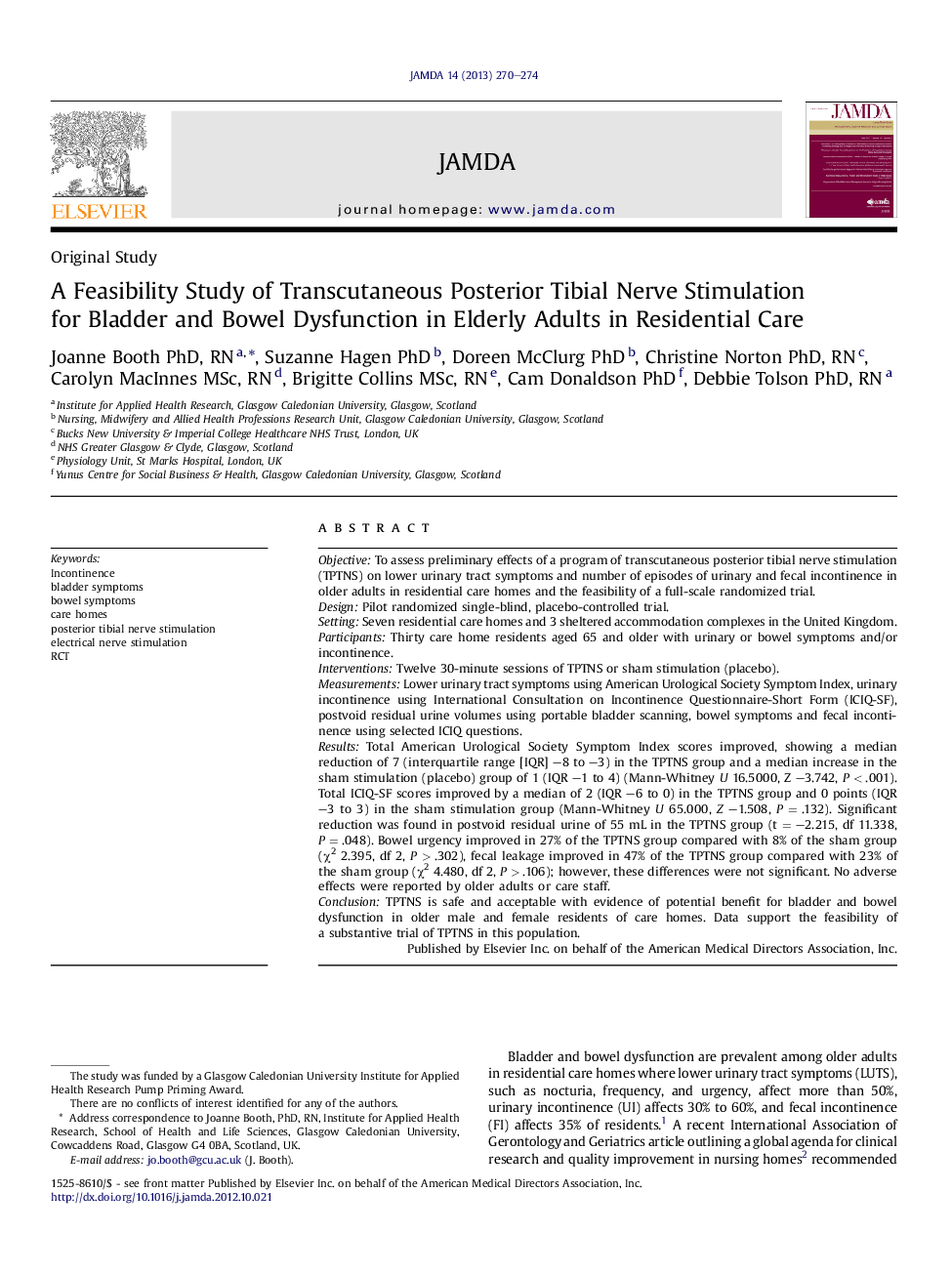 A Feasibility Study of Transcutaneous Posterior Tibial Nerve Stimulation for Bladder and Bowel Dysfunction in Elderly Adults in Residential Care