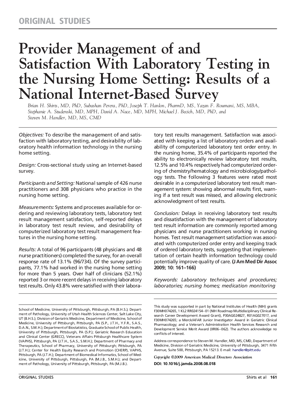 Provider Management of and Satisfaction With Laboratory Testing in the Nursing Home Setting: Results of a National Internet-Based Survey