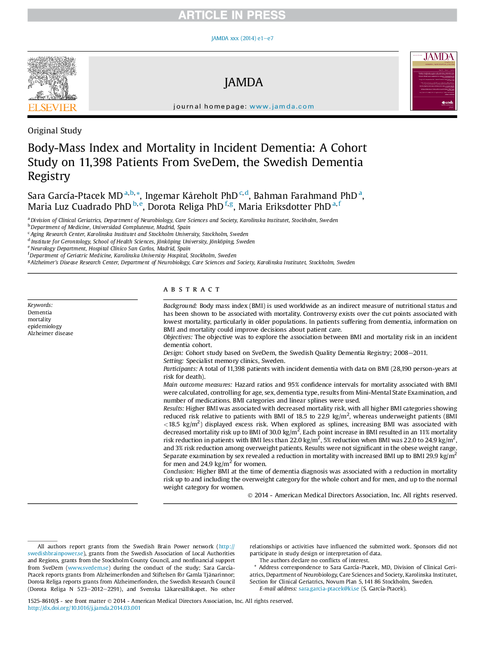 عکس صفحه اول مقاله: Body-Mass Index and Mortality in Incident Dementia: A Cohort Study on 11,398 Patients From SveDem, the Swedish Dementia Registry Body-Mass Index and Mortality in Incident Dementia: A Cohort Study on 11,398 Patients From SveDem, the Swedish Dementia Registry