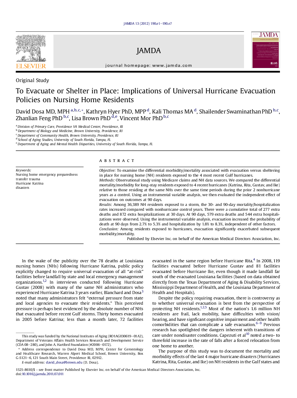 To Evacuate or Shelter in Place: Implications of Universal Hurricane Evacuation Policies on Nursing Home Residents