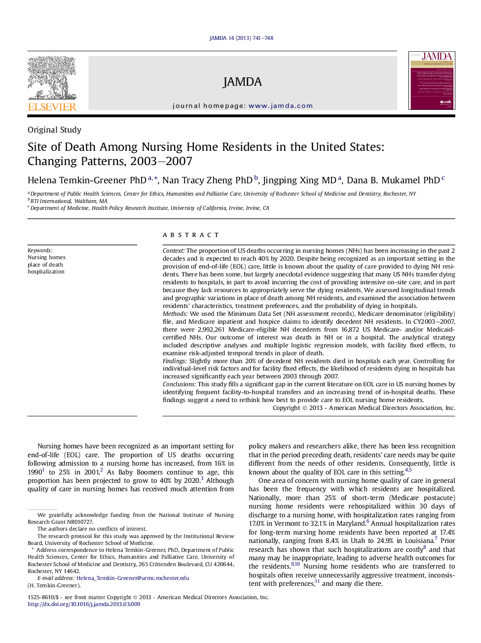 Site of Death Among Nursing Home Residents in the United States: Changing Patterns, 2003-2007