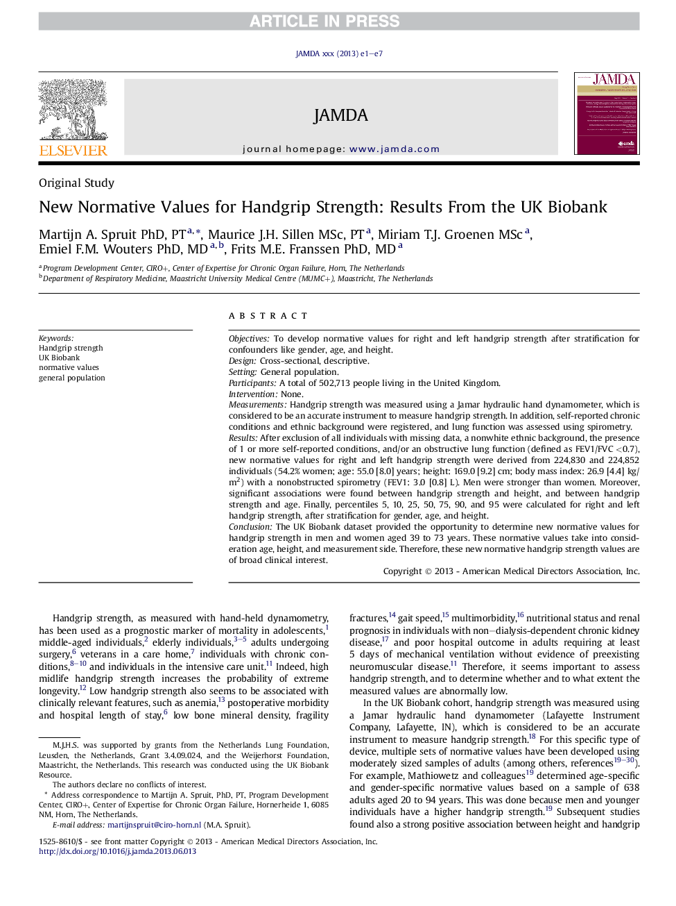 New Normative Values for Handgrip Strength: Results From the UK Biobank