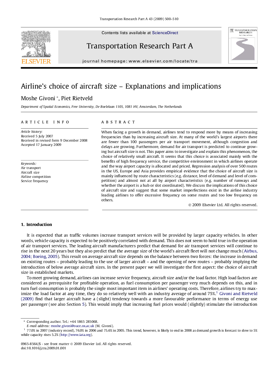 Airline’s choice of aircraft size – Explanations and implications