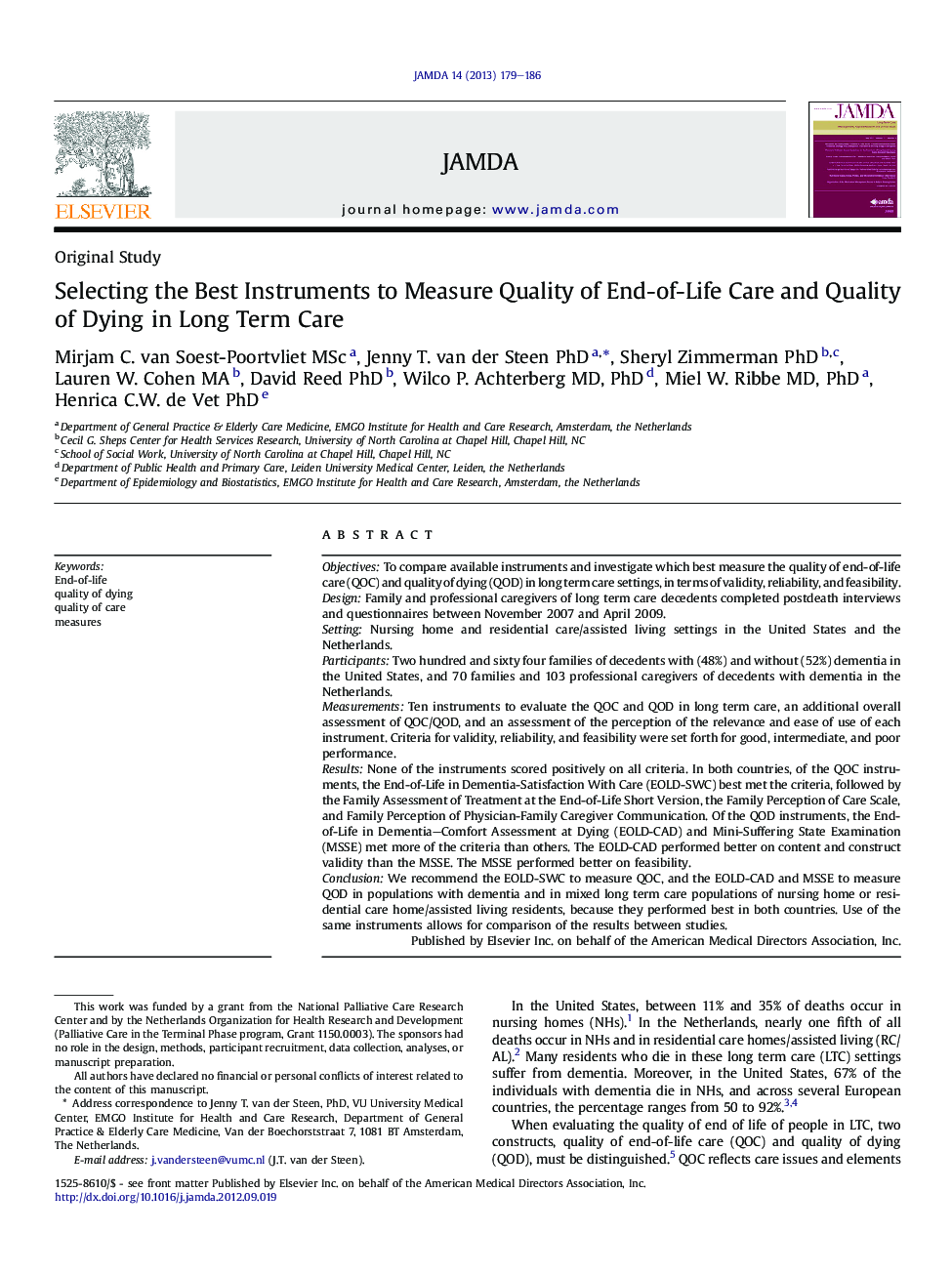 Selecting the Best Instruments to Measure Quality of End-of-Life Care and Quality of Dying in Long Term Care