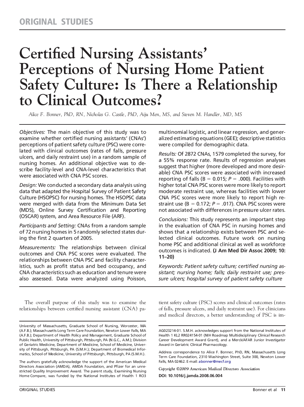 Certified Nursing Assistants' Perceptions of Nursing Home Patient Safety Culture: Is There a Relationship to Clinical Outcomes?
