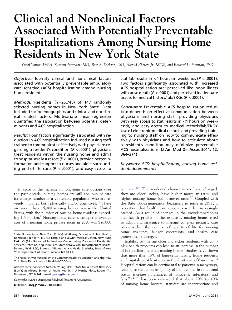 Clinical and Nonclinical Factors Associated With Potentially Preventable Hospitalizations Among Nursing Home Residents in New York State