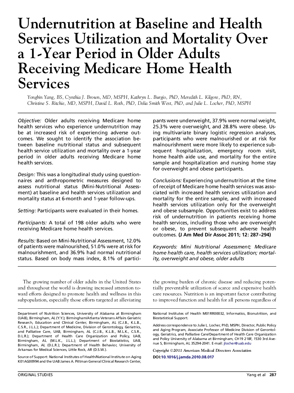 Undernutrition at Baseline and Health Services Utilization and Mortality Over a 1-Year Period in Older Adults Receiving Medicare Home Health Services