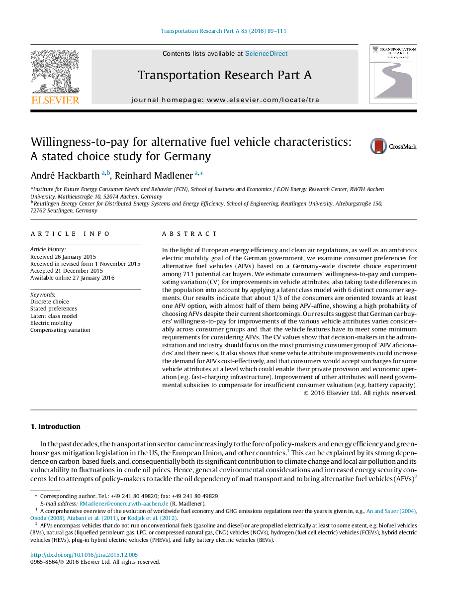 Willingness-to-pay for alternative fuel vehicle characteristics: A stated choice study for Germany