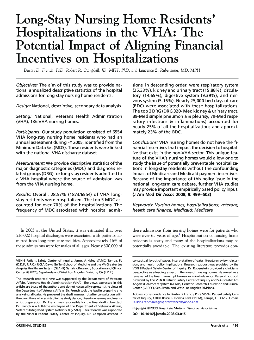 Long-Stay Nursing Home Residents' Hospitalizations in the VHA: The Potential Impact of Aligning Financial Incentives on Hospitalizations