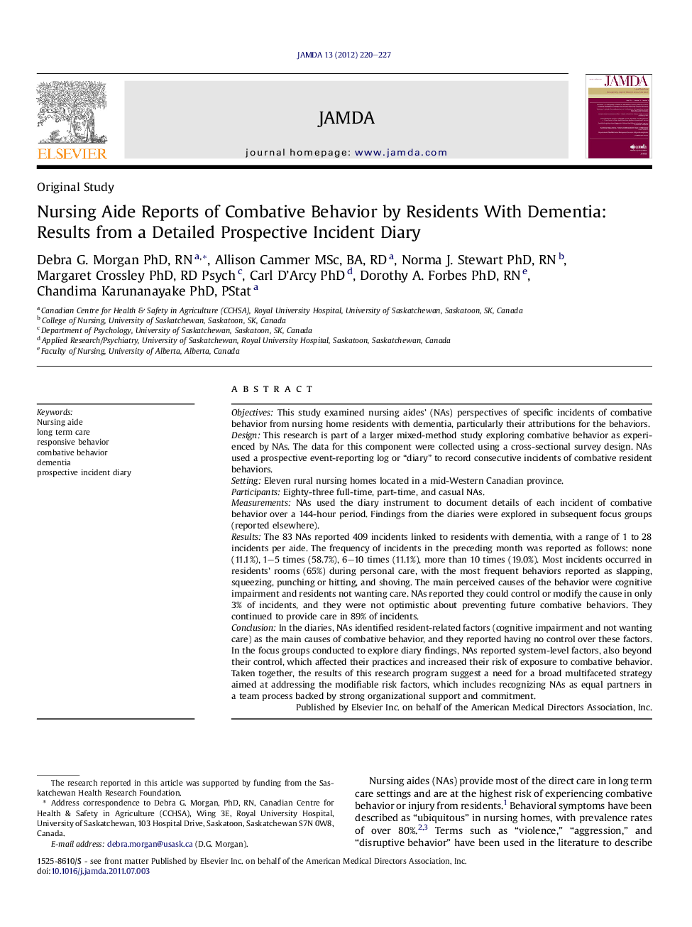 Nursing Aide Reports of Combative Behavior by Residents With Dementia: Results from a Detailed Prospective Incident Diary