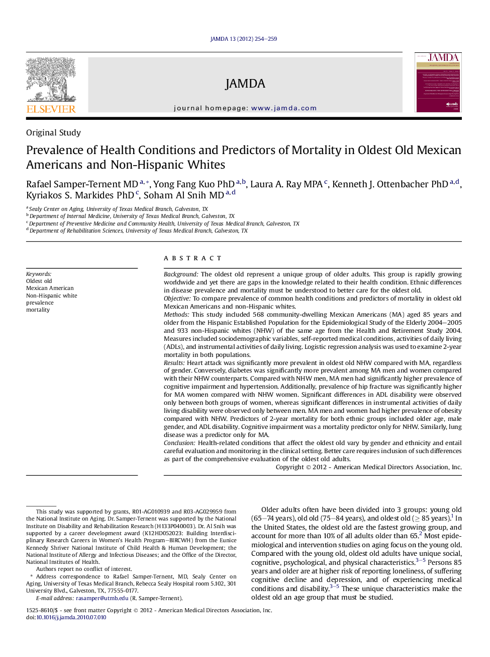 Prevalence of Health Conditions and Predictors of Mortality in Oldest Old Mexican Americans and Non-Hispanic Whites