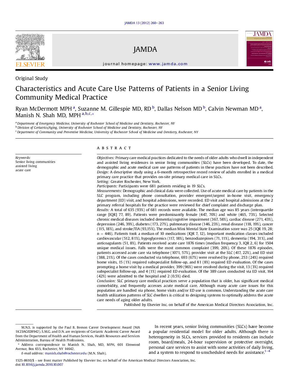 Characteristics and Acute Care Use Patterns of Patients in a Senior Living Community Medical Practice