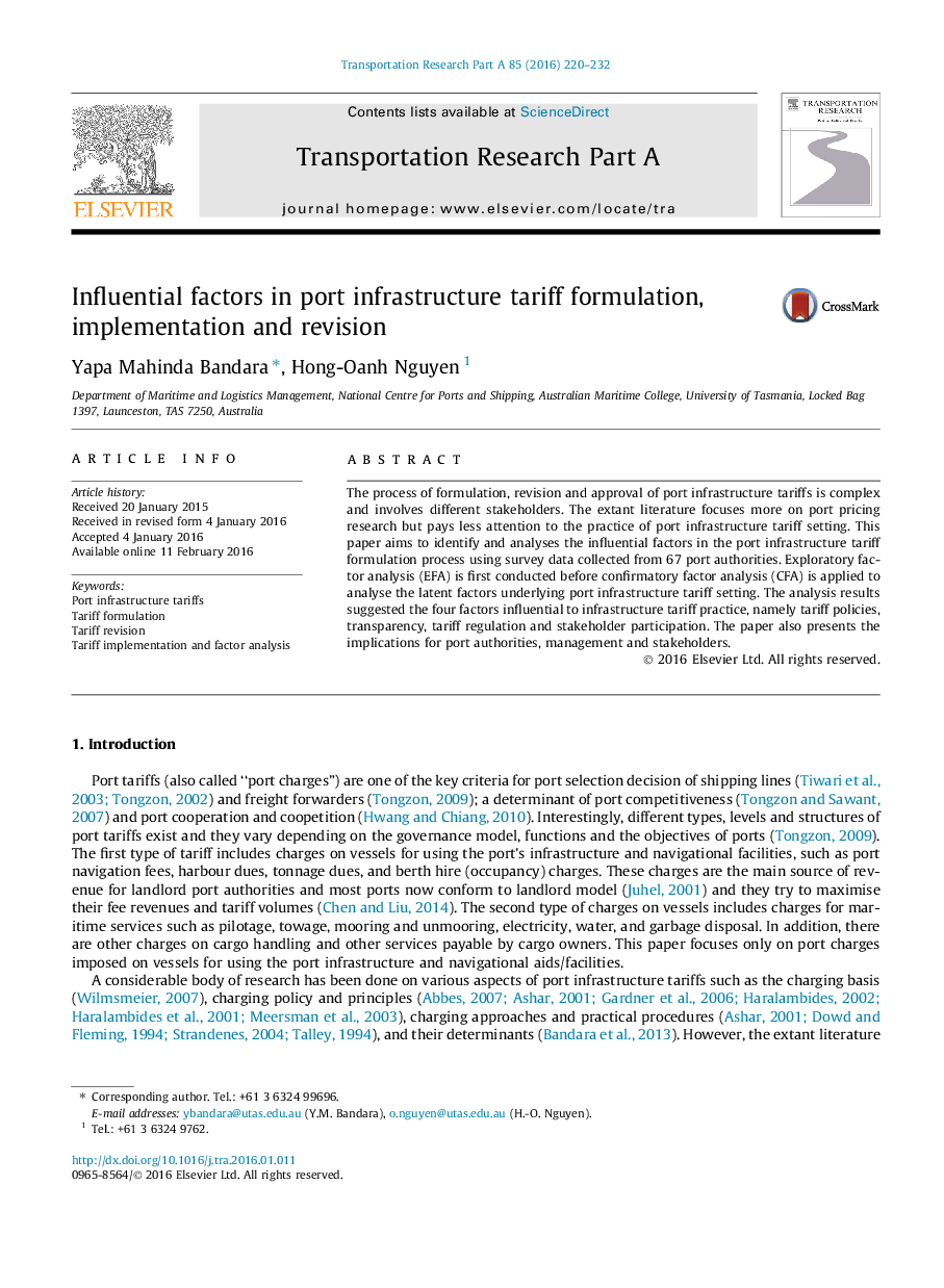 Influential factors in port infrastructure tariff formulation, implementation and revision