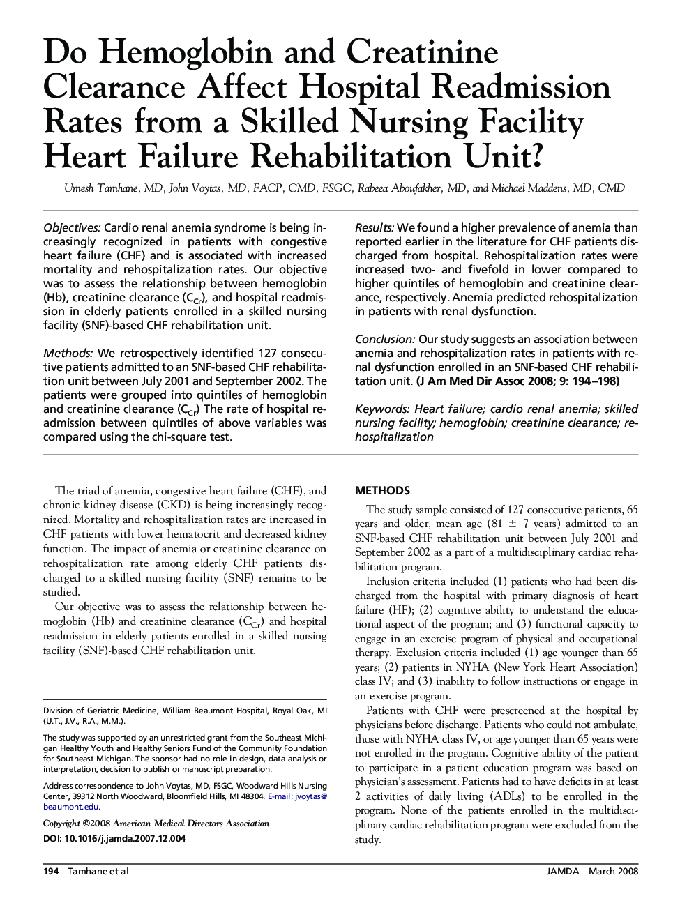 Do Hemoglobin and Creatinine Clearance Affect Hospital Readmission Rates from a Skilled Nursing Facility Heart Failure Rehabilitation Unit?