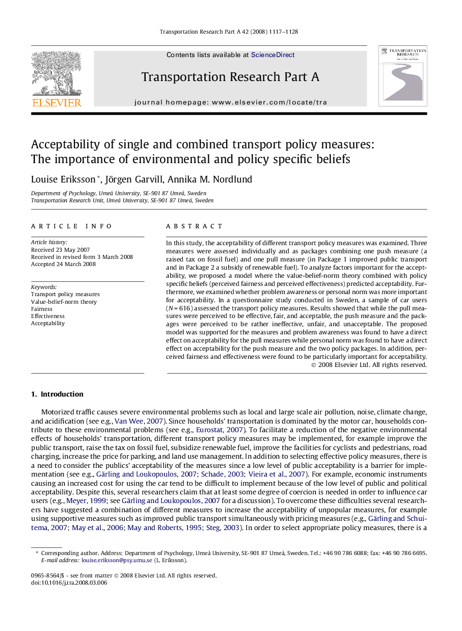 Acceptability of single and combined transport policy measures: The importance of environmental and policy specific beliefs