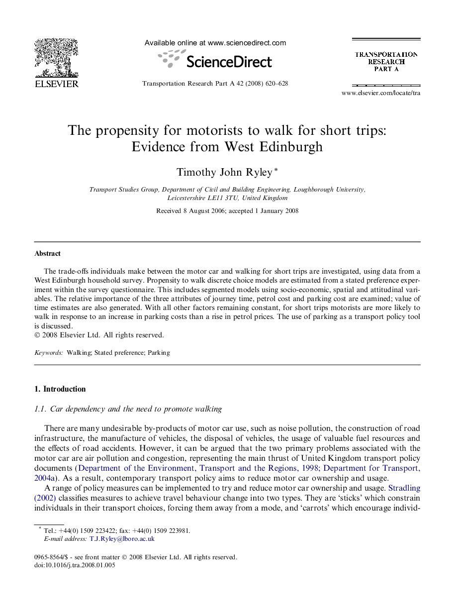 The propensity for motorists to walk for short trips: Evidence from West Edinburgh