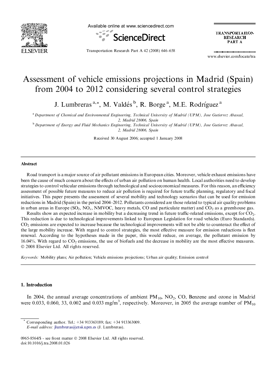 Assessment of vehicle emissions projections in Madrid (Spain) from 2004 to 2012 considering several control strategies