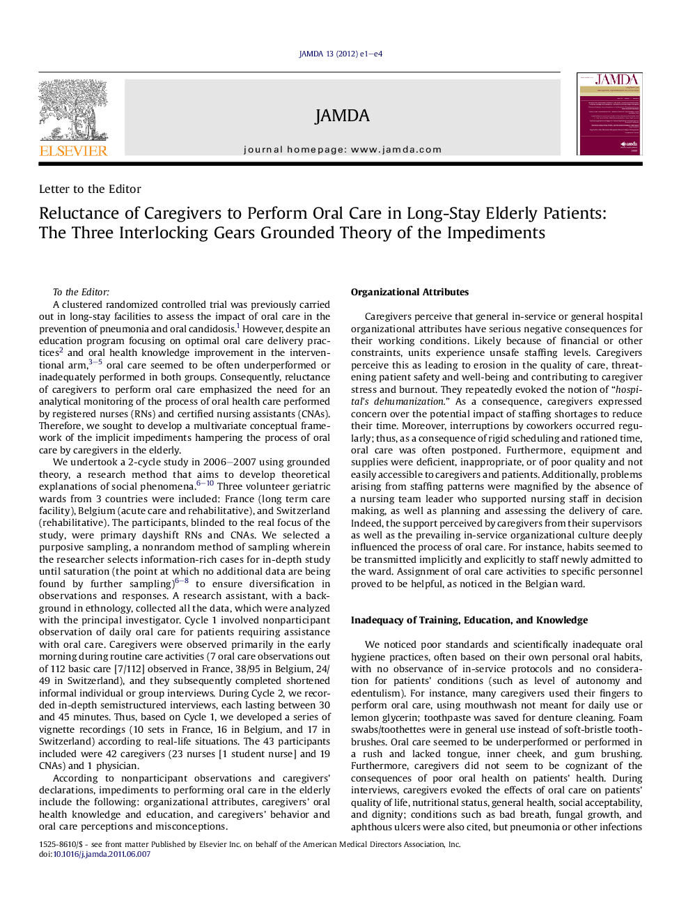 Reluctance of Caregivers to Perform Oral Care in Long-Stay Elderly Patients: The Three Interlocking Gears Grounded Theory of the Impediments
