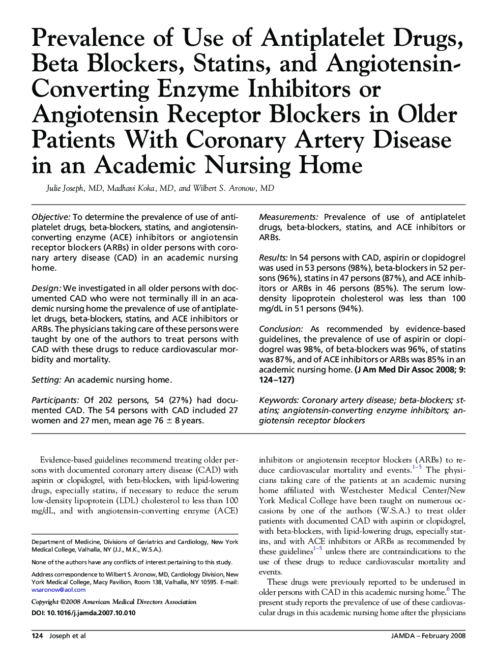 Prevalence of Use of Antiplatelet Drugs, Beta Blockers, Statins, and Angiotensin-Converting Enzyme Inhibitors or Angiotensin Receptor Blockers in Older Patients With Coronary Artery Disease in an Academic Nursing Home