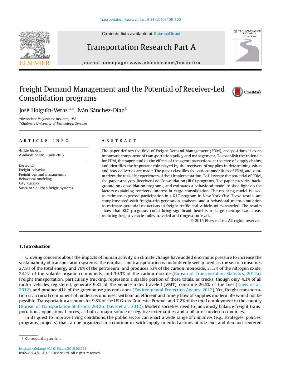 Freight Demand Management and the Potential of Receiver-Led Consolidation programs