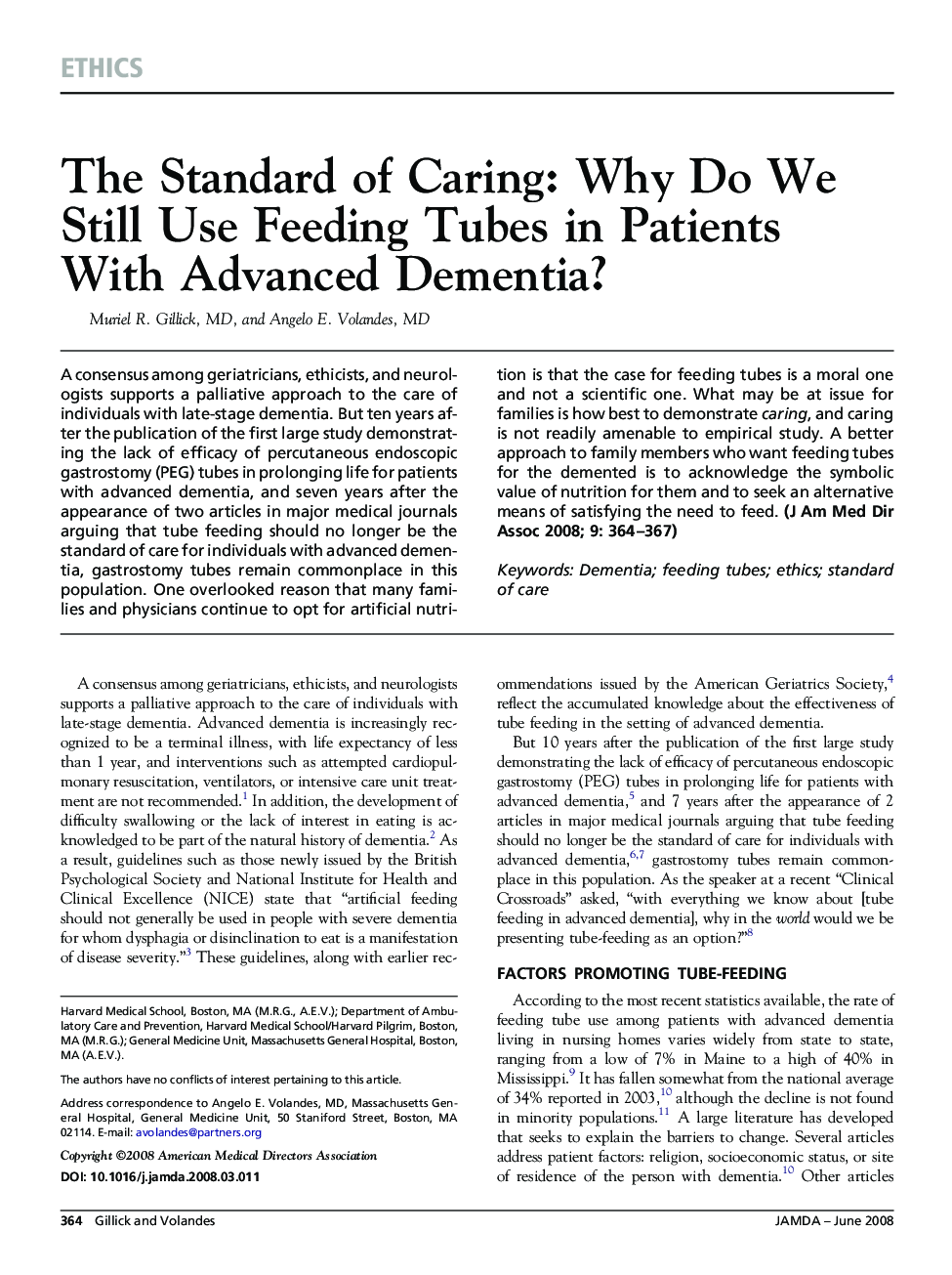 The Standard of Caring: Why Do We Still Use Feeding Tubes in Patients With Advanced Dementia?