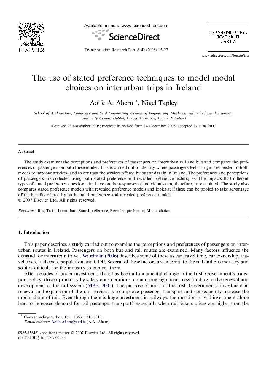 The use of stated preference techniques to model modal choices on interurban trips in Ireland