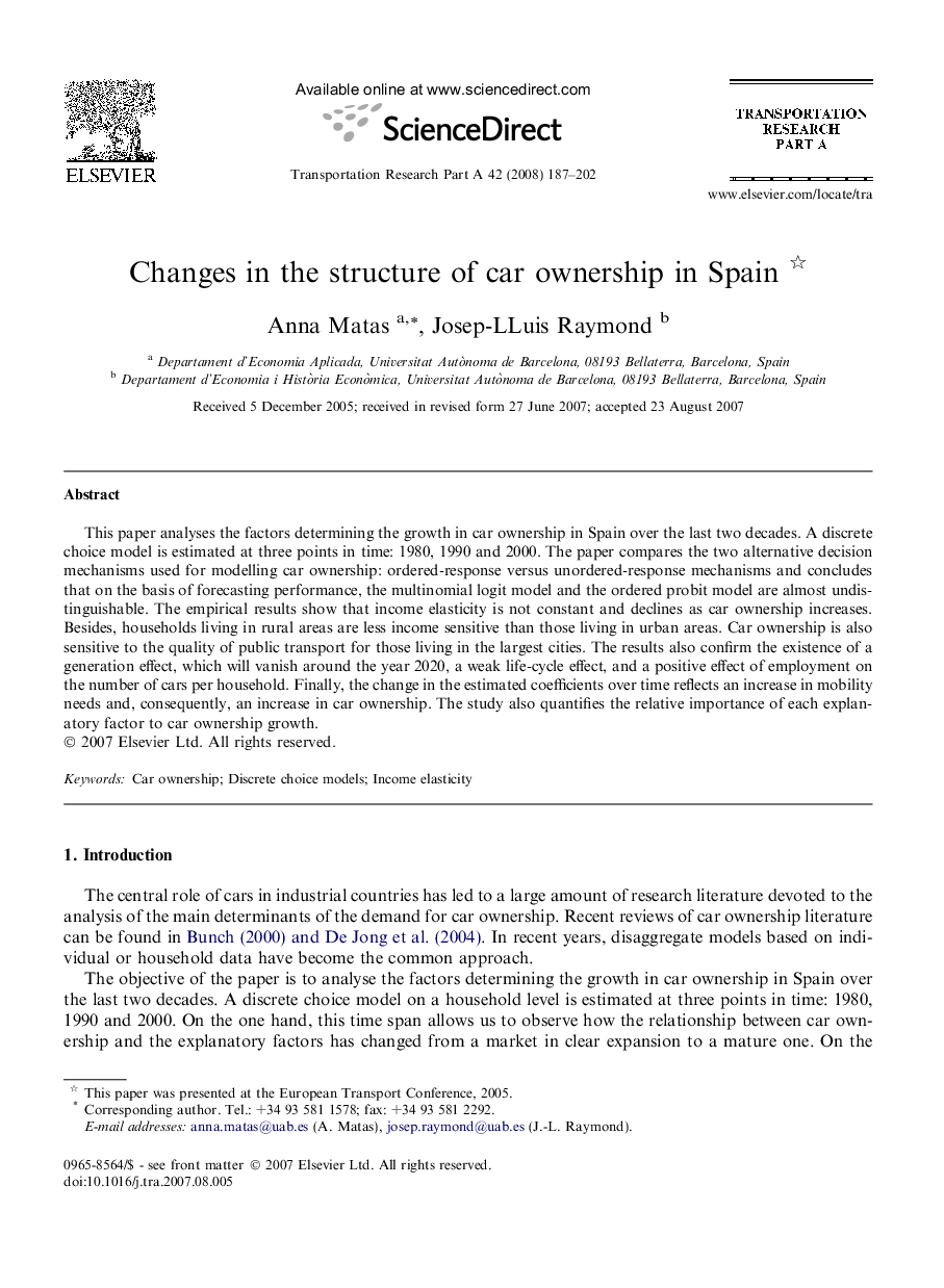 Changes in the structure of car ownership in Spain 