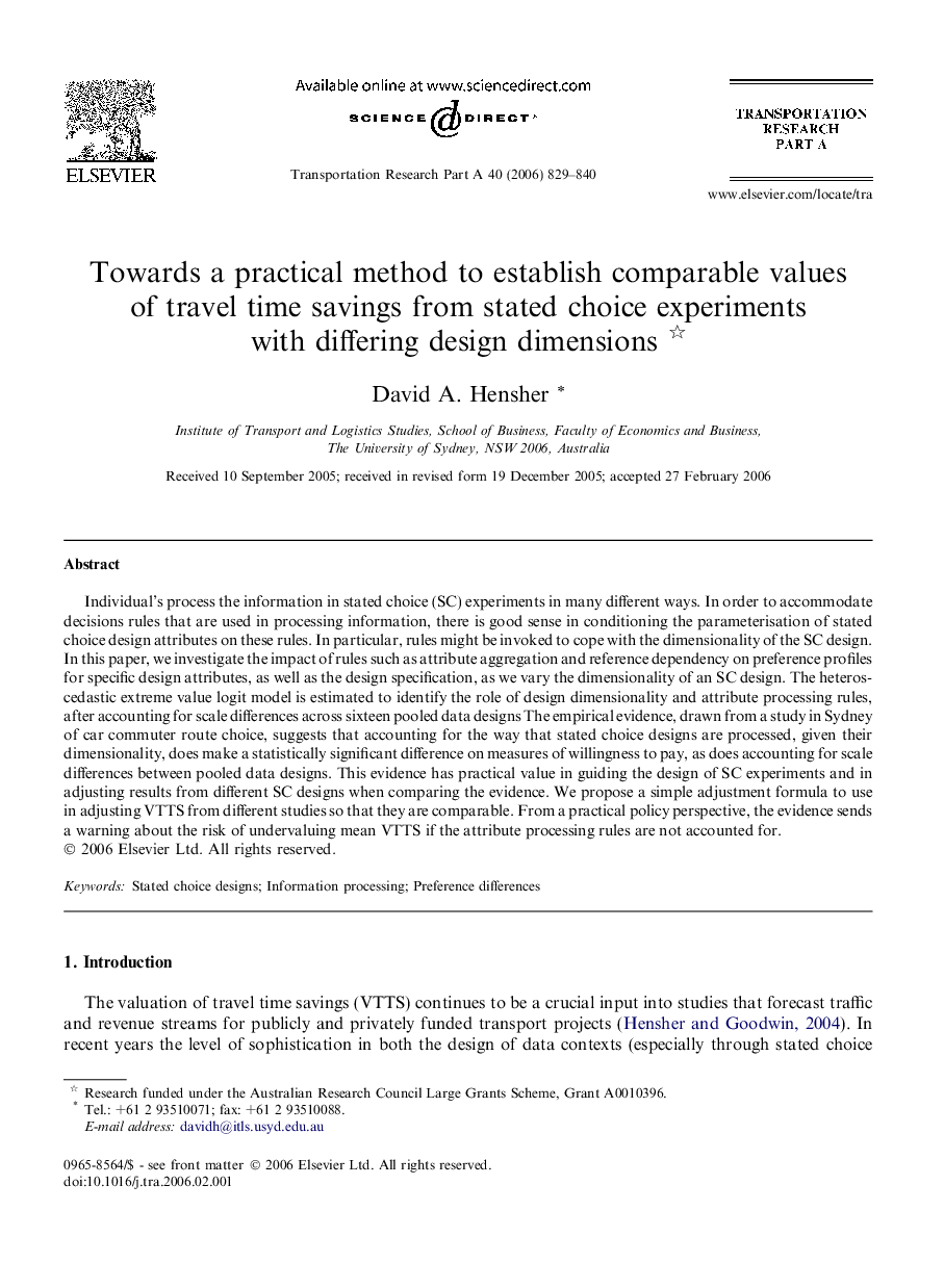 Towards a practical method to establish comparable values of travel time savings from stated choice experiments with differing design dimensions 