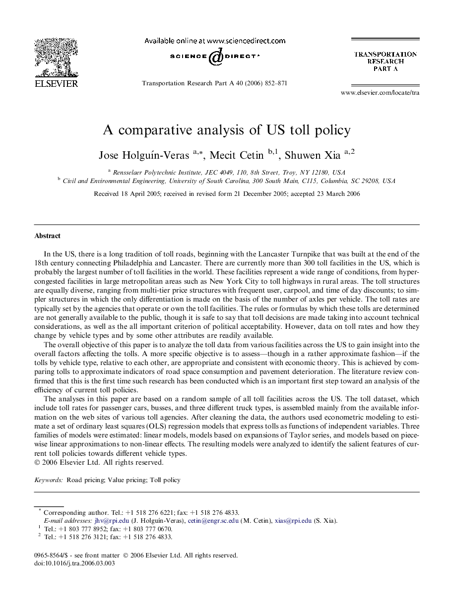 A comparative analysis of US toll policy