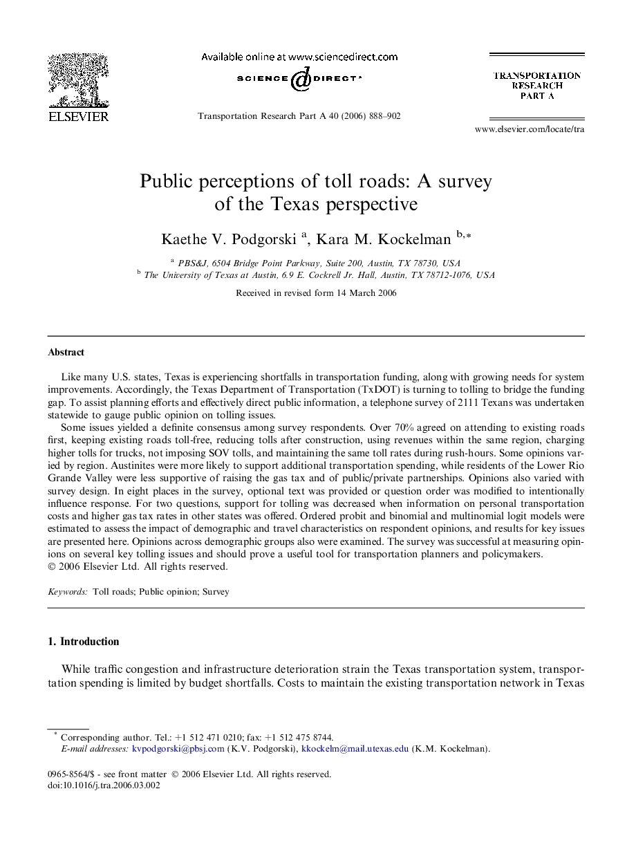 Public perceptions of toll roads: A survey of the Texas perspective