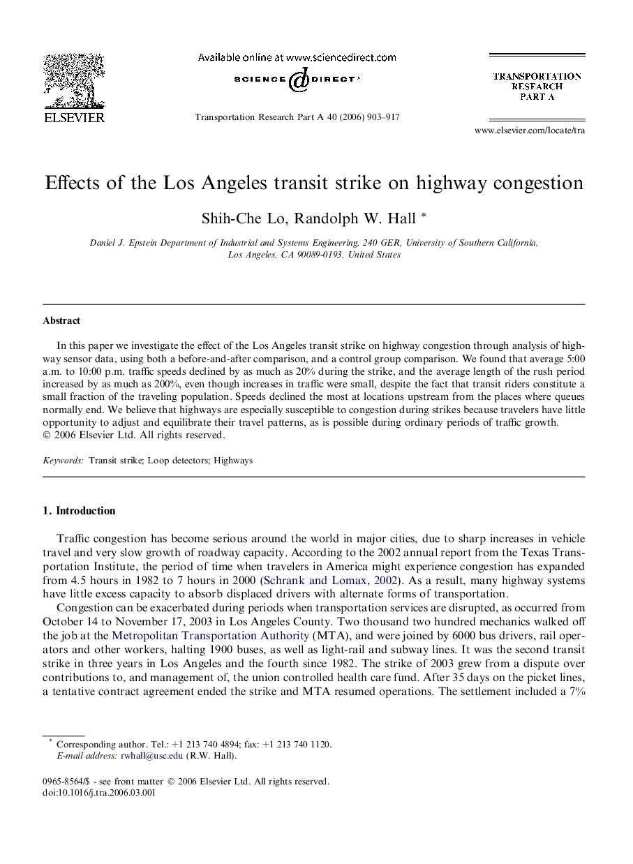 Effects of the Los Angeles transit strike on highway congestion