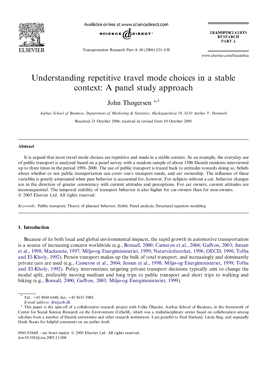 Understanding repetitive travel mode choices in a stable context: A panel study approach