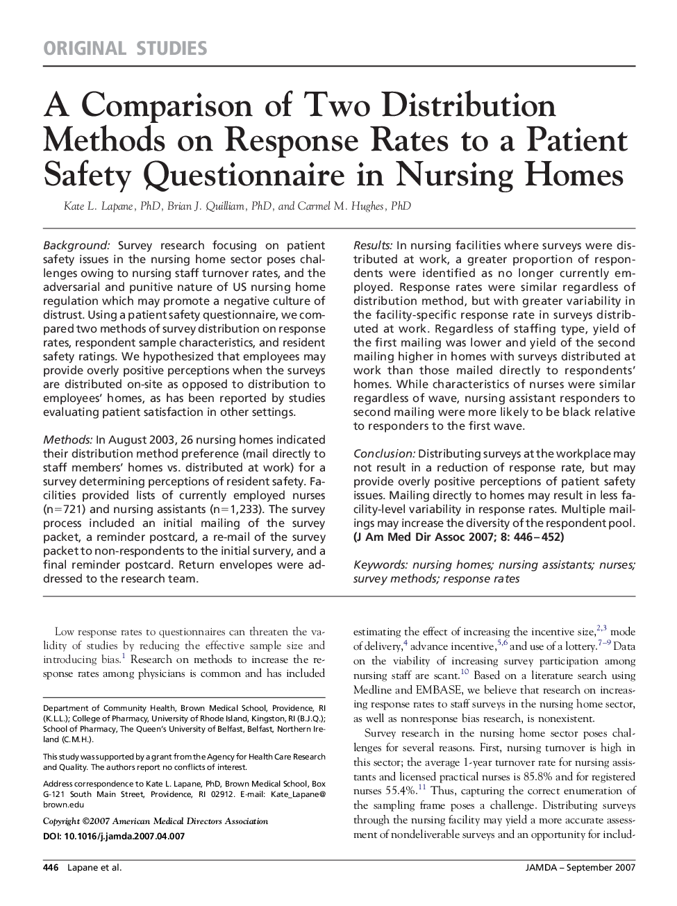 A Comparison of Two Distribution Methods on Response Rates to a Patient Safety Questionnaire in Nursing Homes