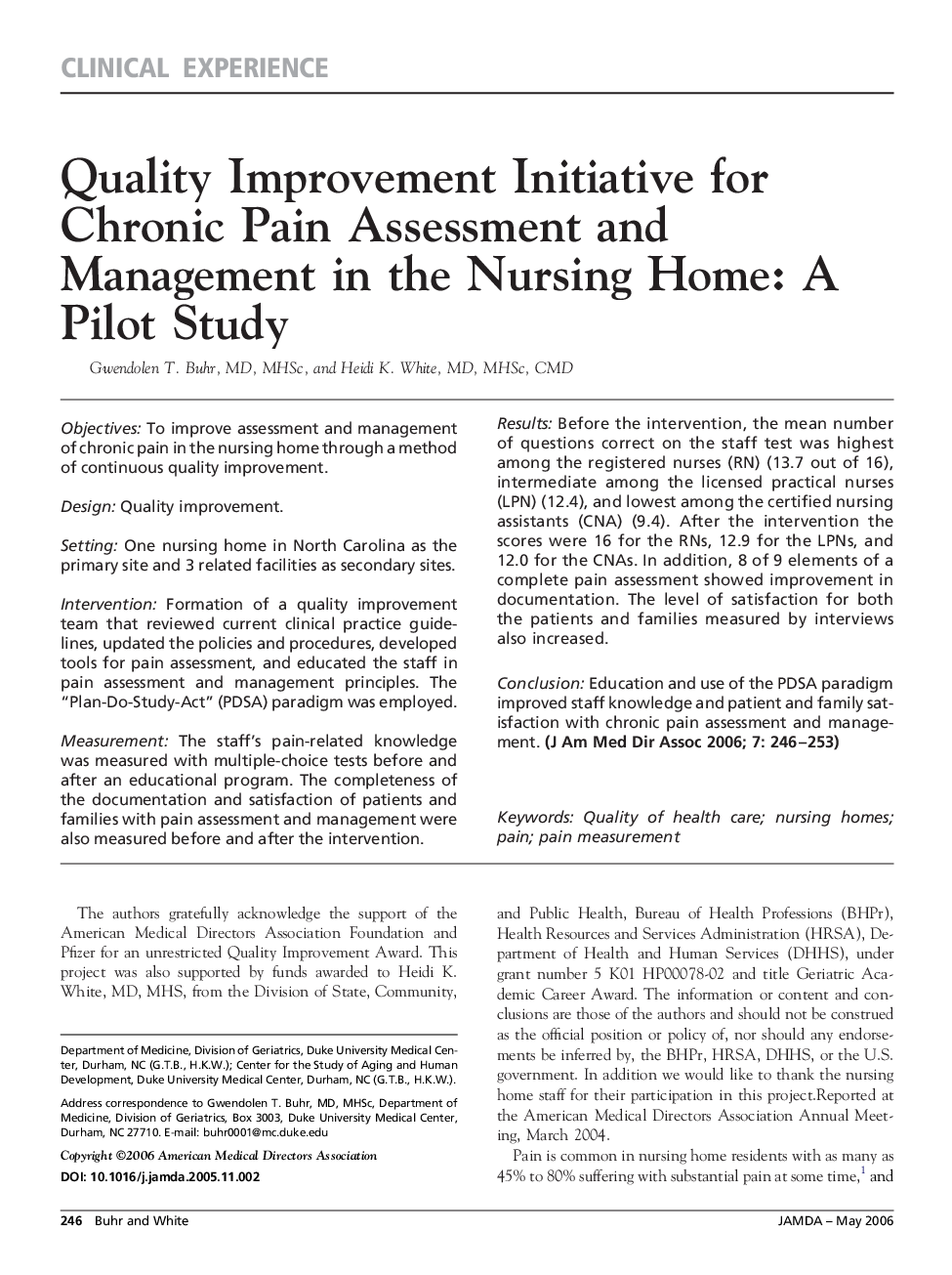 Quality Improvement Initiative for Chronic Pain Assessment and Management in the Nursing Home: A Pilot Study