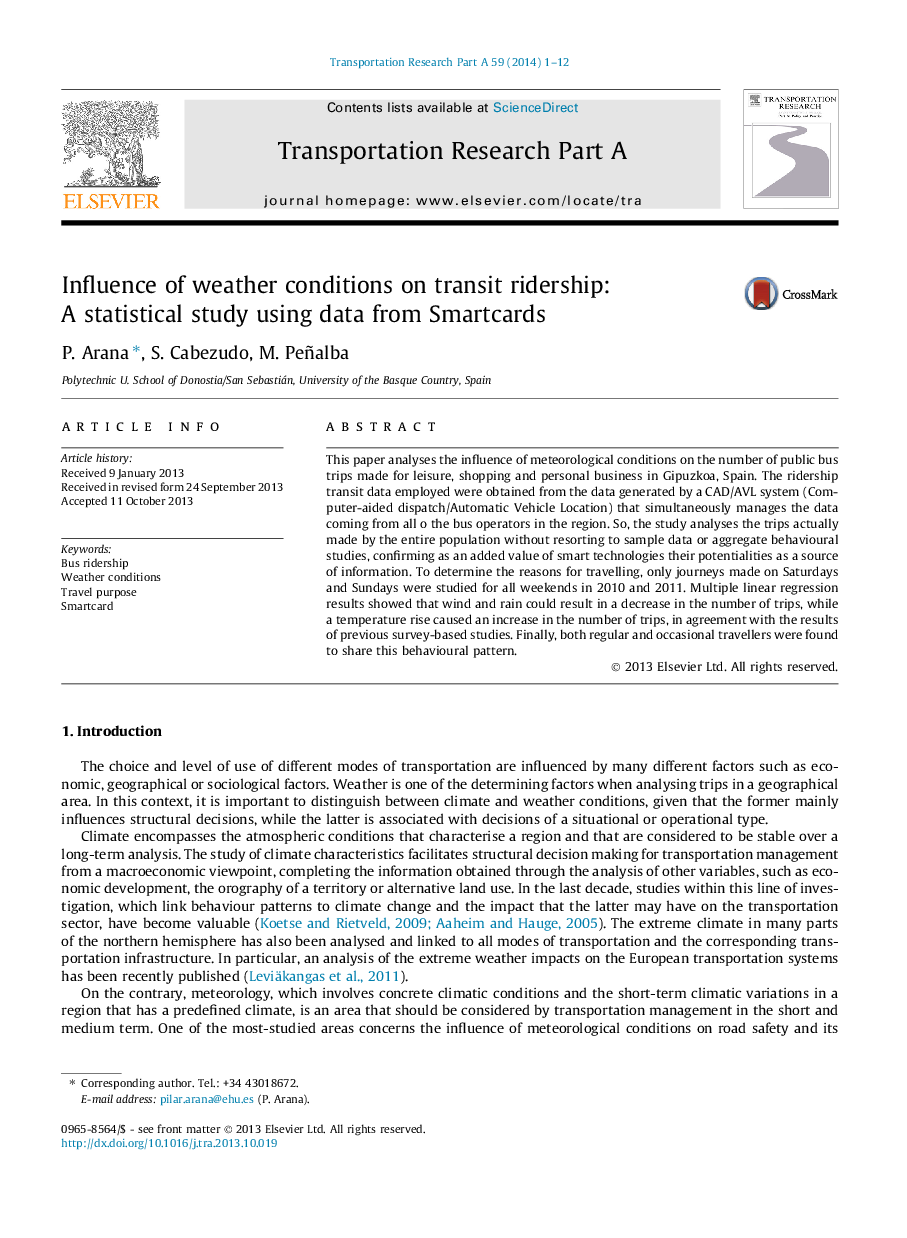 Influence of weather conditions on transit ridership: A statistical study using data from Smartcards