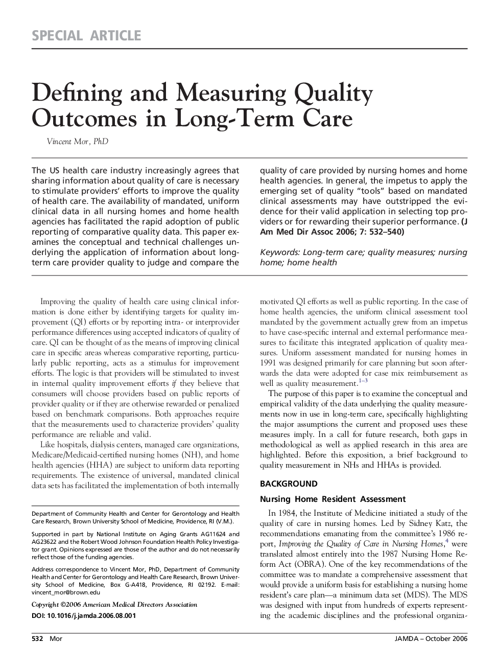 Defining and Measuring Quality Outcomes in Long-Term Care