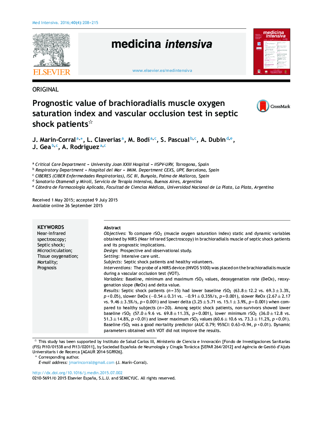 Prognostic value of brachioradialis muscle oxygen saturation index and vascular occlusion test in septic shock patients