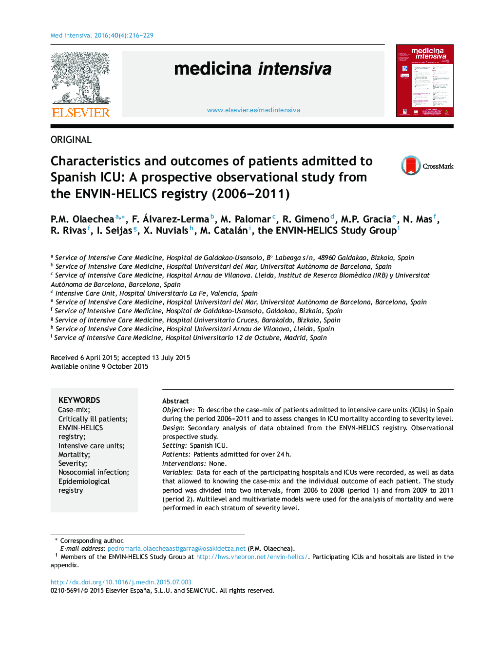 Characteristics and outcomes of patients admitted to Spanish ICU: A prospective observational study from the ENVIN-HELICS registry (2006-2011)