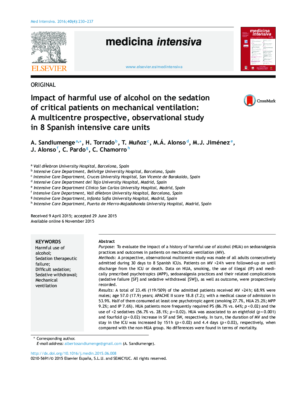 Impact of harmful use of alcohol on the sedation of critical patients on mechanical ventilation: A multicentre prospective, observational study in 8 Spanish intensive care units