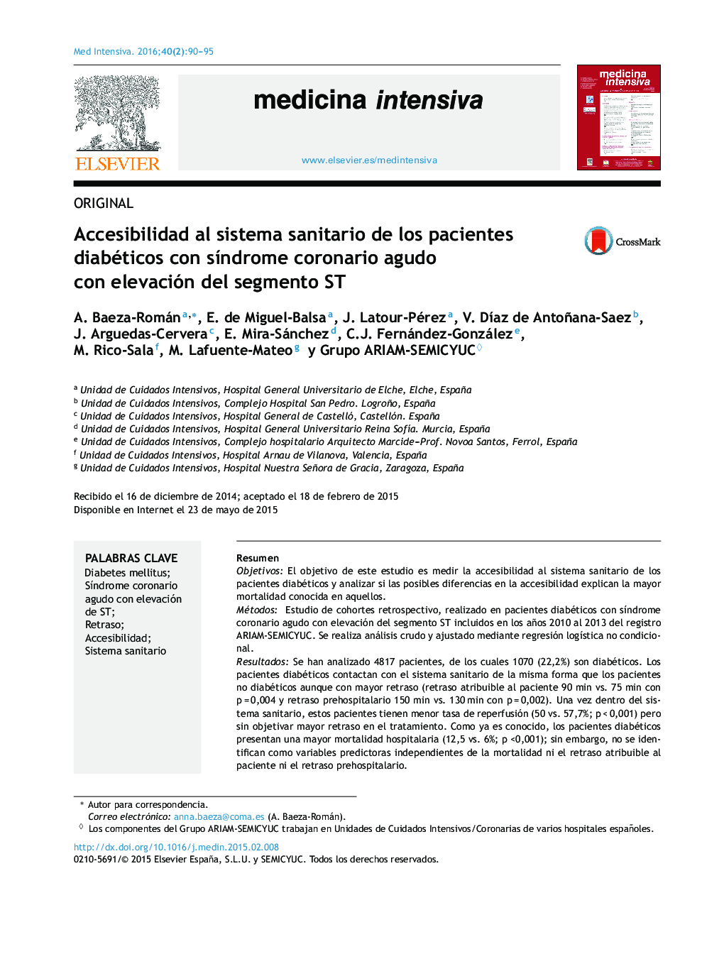 Accesibilidad al sistema sanitario de los pacientes diabéticos con síndrome coronario agudo con elevación del segmento ST