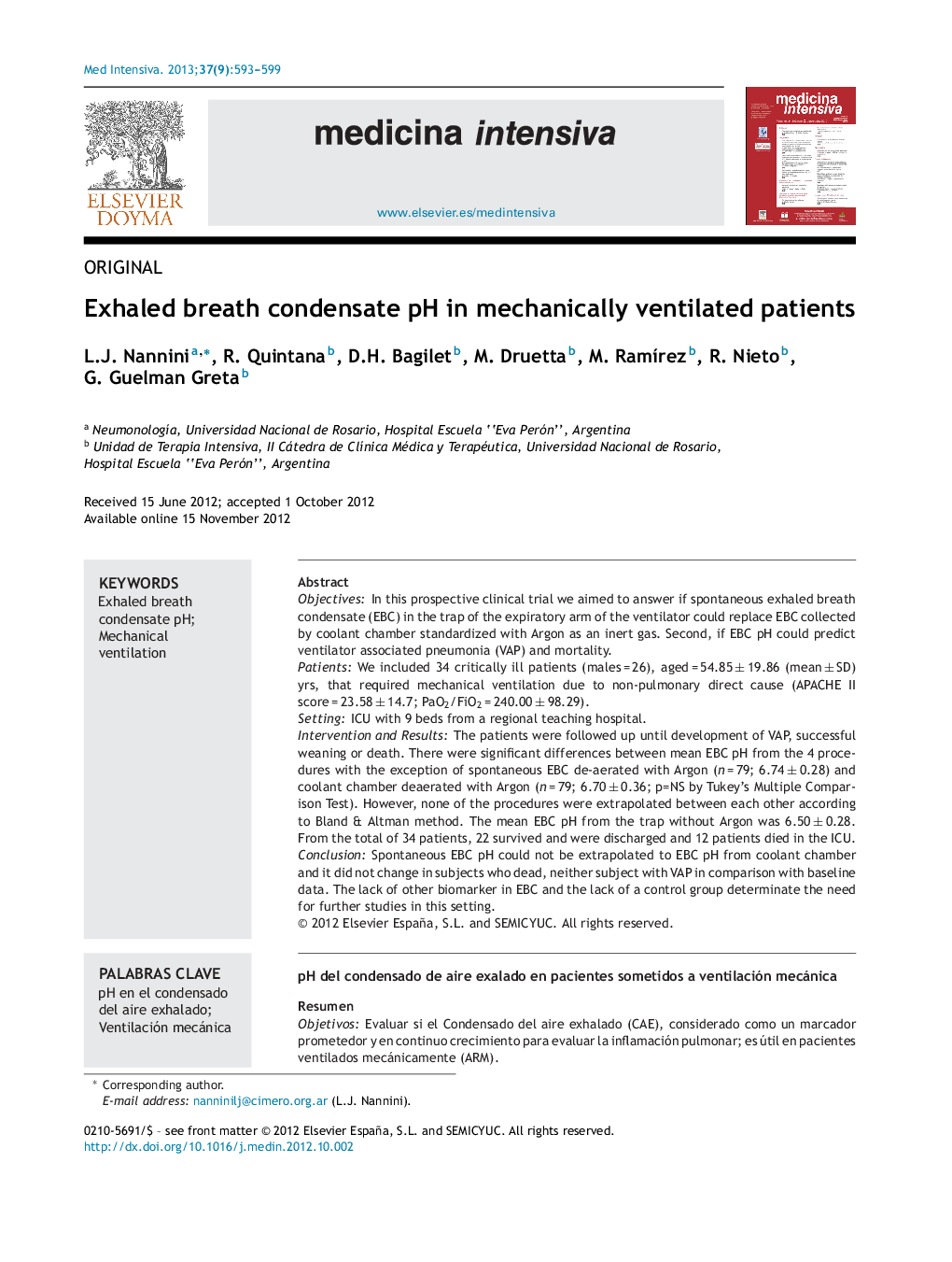 Exhaled breath condensate pH in mechanically ventilated patients