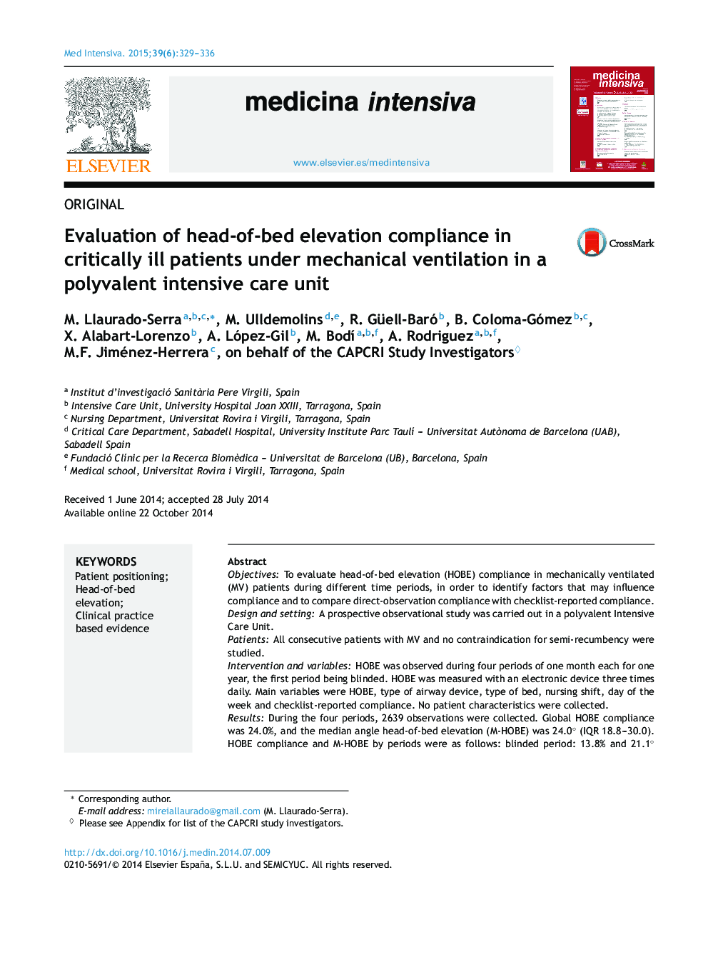 Evaluation of head-of-bed elevation compliance in critically ill patients under mechanical ventilation in a polyvalent intensive care unit