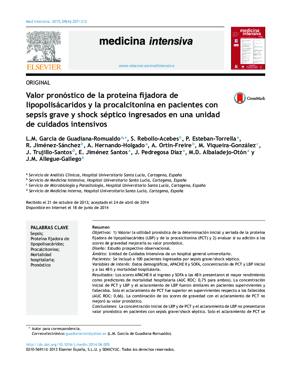 Valor pronóstico de la proteÃ­na fijadora de lipopolisácaridos y la procalcitonina en pacientes con sepsis grave y shock séptico ingresados en una unidad de cuidados intensivos