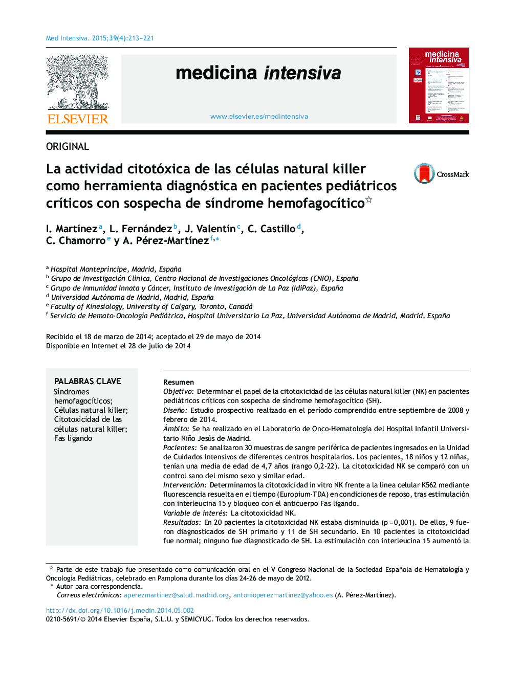 La actividad citotóxica de las células natural killer como herramienta diagnóstica en pacientes pediátricos crÃ­ticos con sospecha de sÃ­ndrome hemofagocÃ­tico