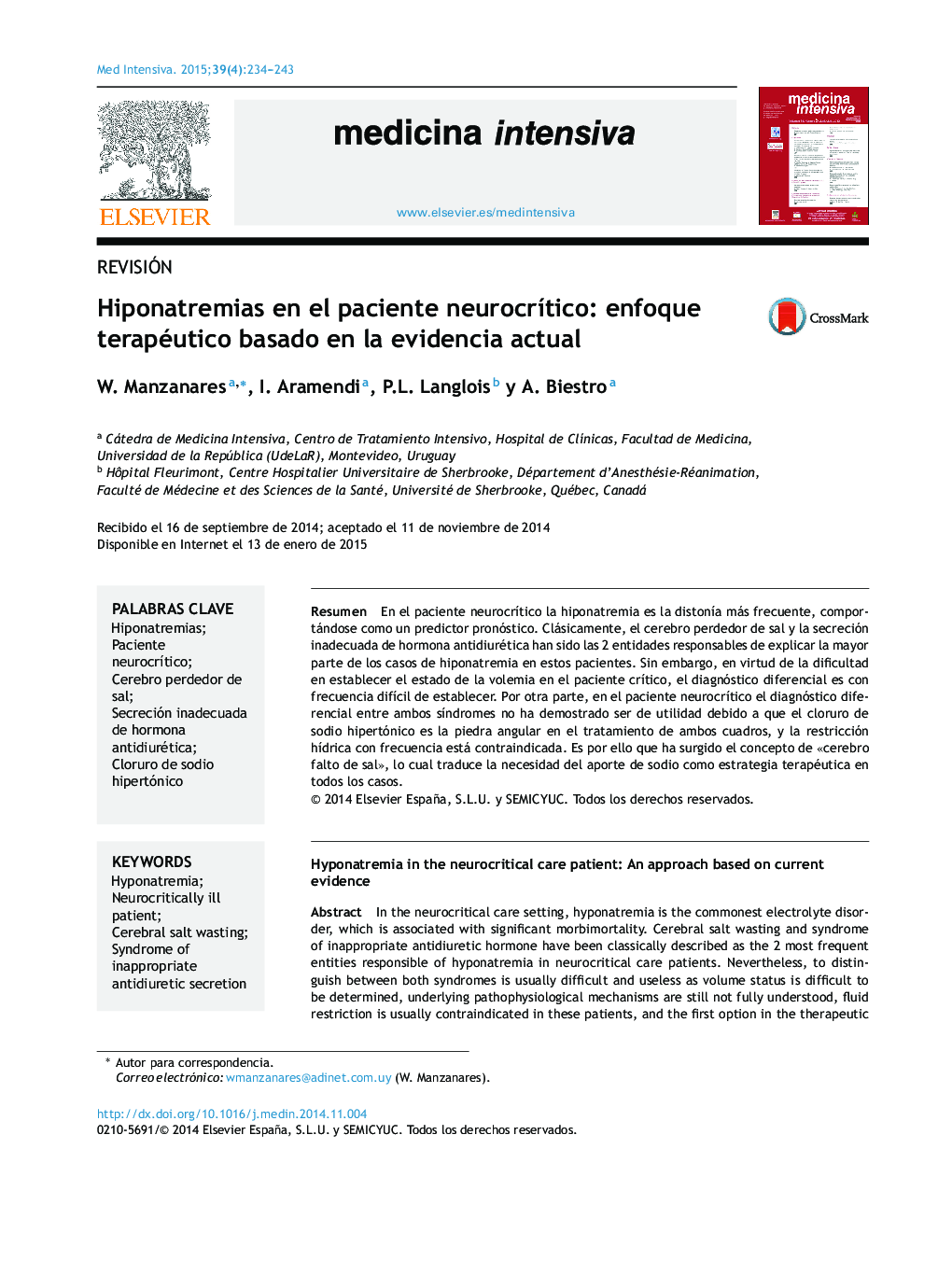 Hiponatremias en el paciente neurocrítico: enfoque terapéutico basado en la evidencia actual